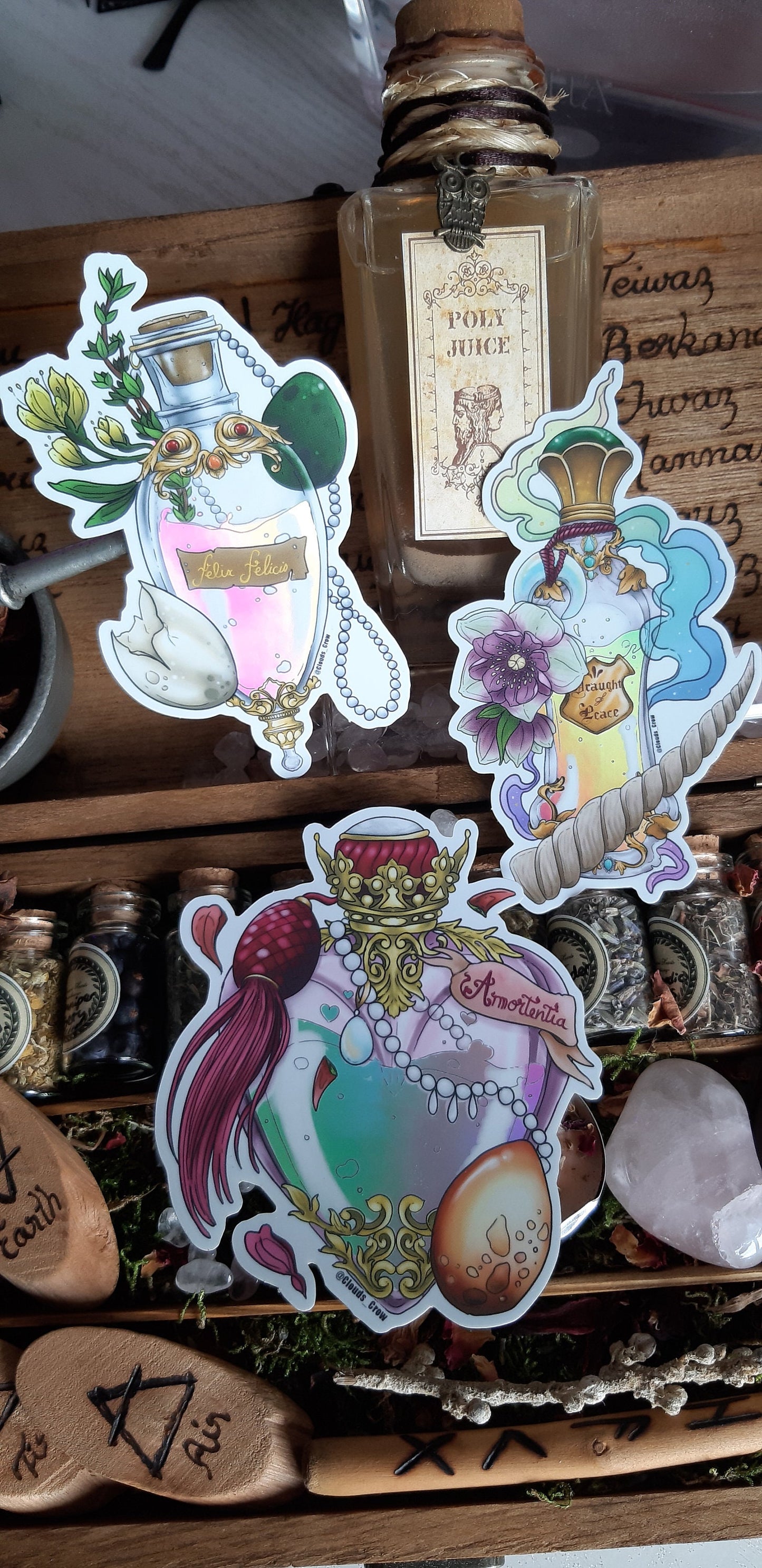 potion holographic sticker pack amortentia, draught of peace, felix felicis