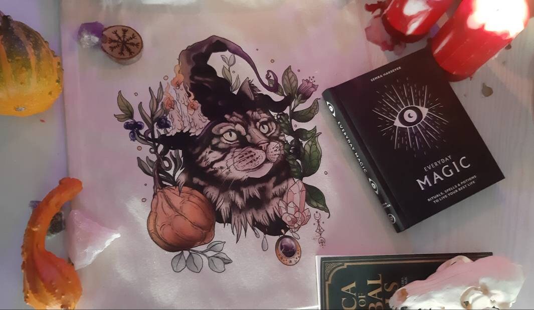 Garden witch cat tote bag coton bio