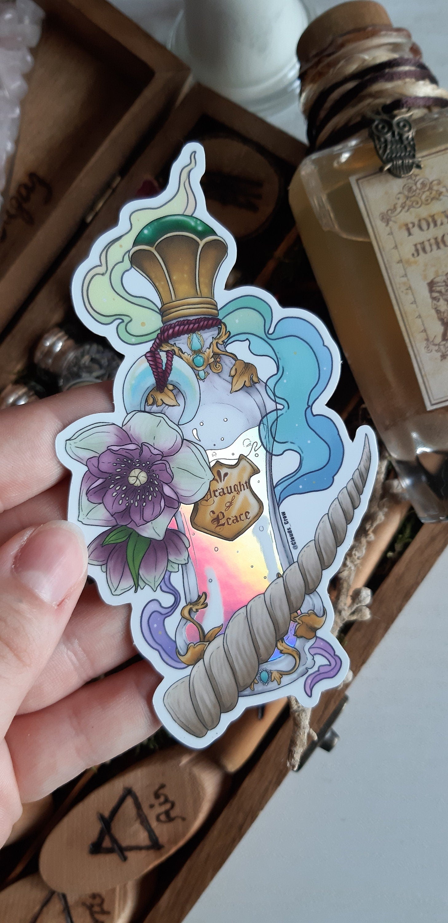 potion holographic sticker pack amortentia, draught of peace, felix felicis