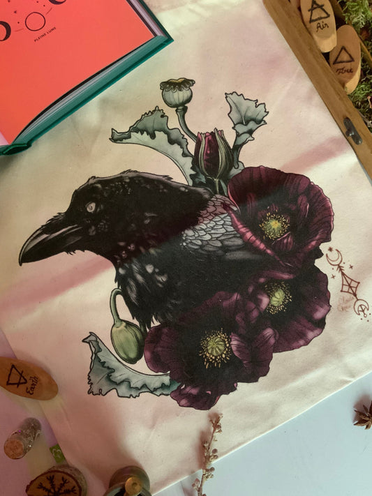 Crow & poppies witch tote bag coton bio